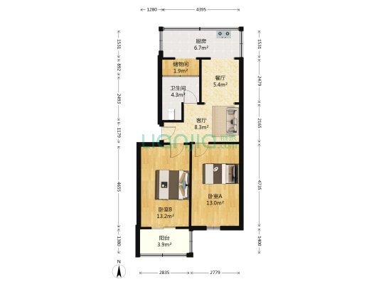 轻工厅宿舍 2室2厅1卫 67平方