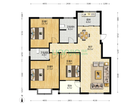 恩德小区 3室1厅2卫 136平方