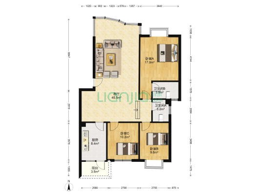 锦绣天骄 3室1厅2卫 117平方
