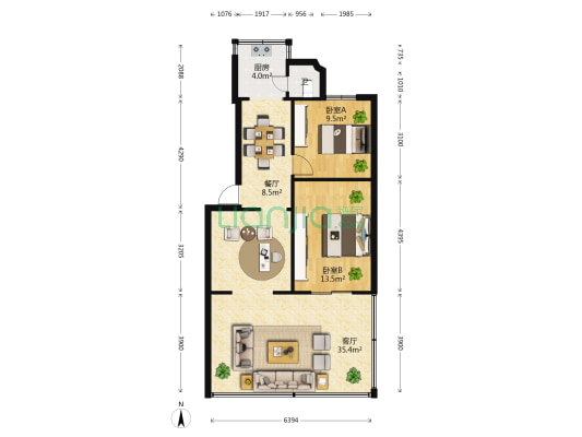 云南电视台家属区 2室2厅1卫 76平方