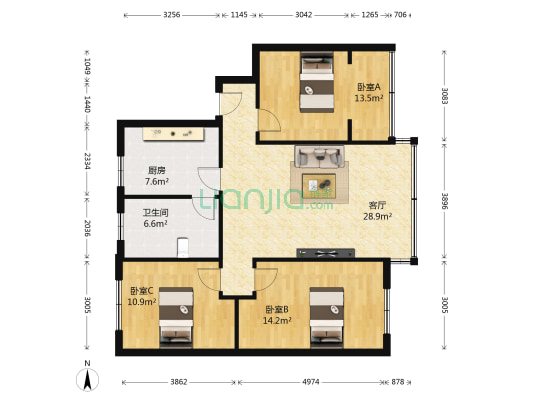 张家花园 3室1厅1卫 93平方