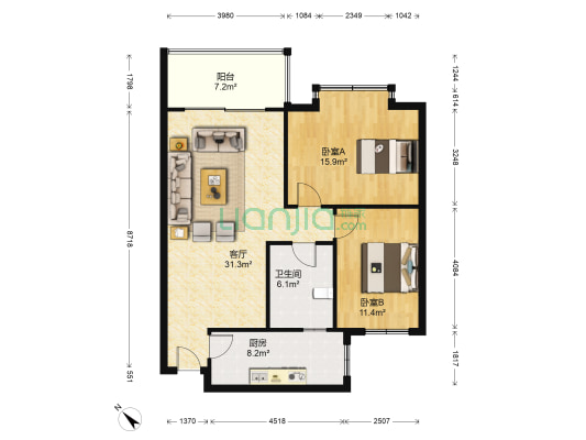 天然居B区 2室1厅1卫 88平方
