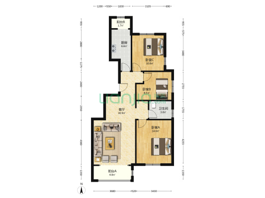 福华花园 3室1厅1卫 114平方