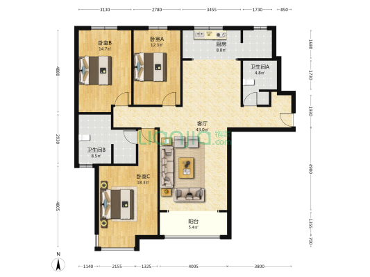 金品时代南北通透大三居高品质生活小区-户型图