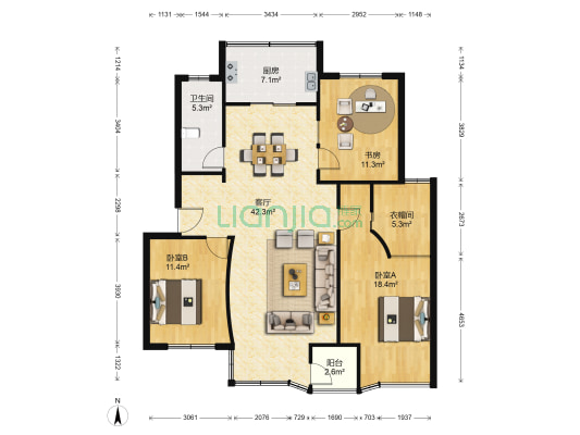 曙光大地 3室1厅1卫 115平方