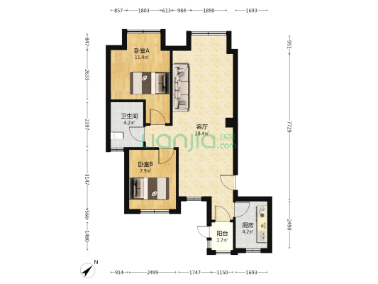 朗悦府静园 2室1厅1卫 73平方