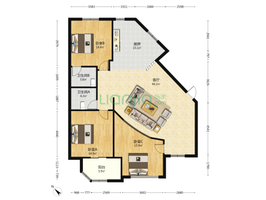 凯升花园 3室1厅2卫 140平方