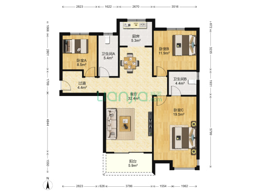 华远枫悦一期 3室1厅2卫 126平方