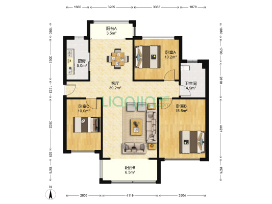 嘉盛花园 3室1厅1卫 117平方