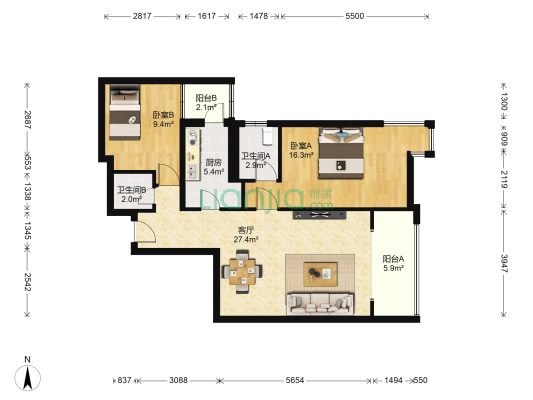 北苑家园莲葩园 2室1厅2卫 99平方