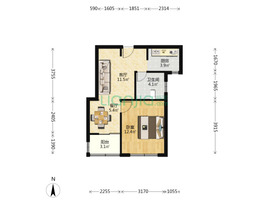 汇郡海棠苑 1室2厅1卫 55平方