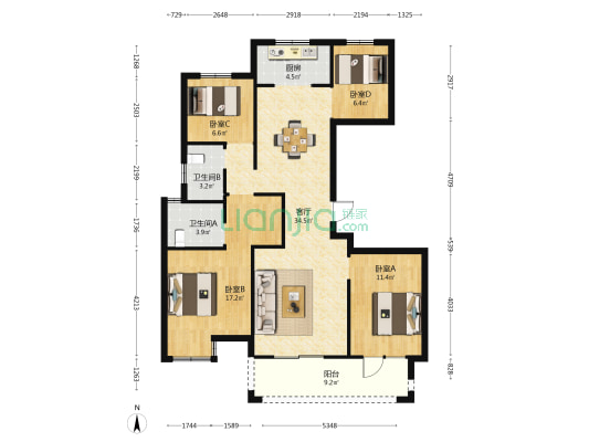 海伦堡瀚江府 4室1厅2卫 128平方