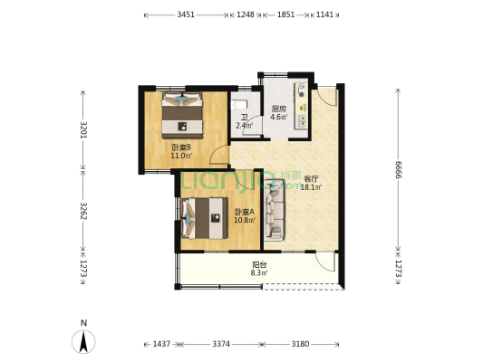 体育三街 2室1厅1卫 65平方