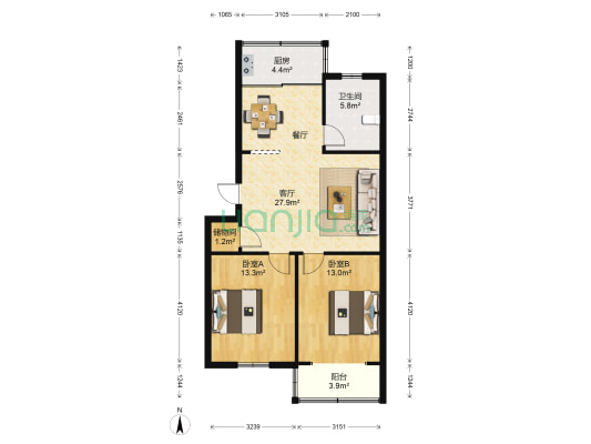 运粮河花园 2室1厅1卫 80平方