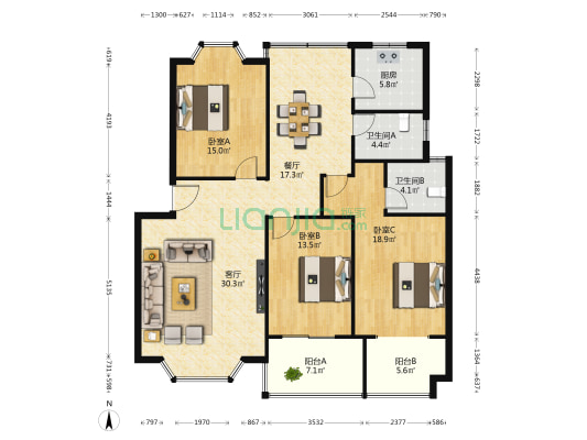 金星公寓 3室2厅2卫 134平方
