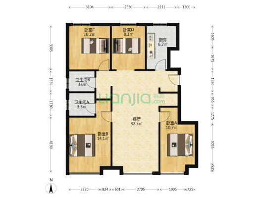 华远海蓝城二期 4室1厅 南 北-户型图