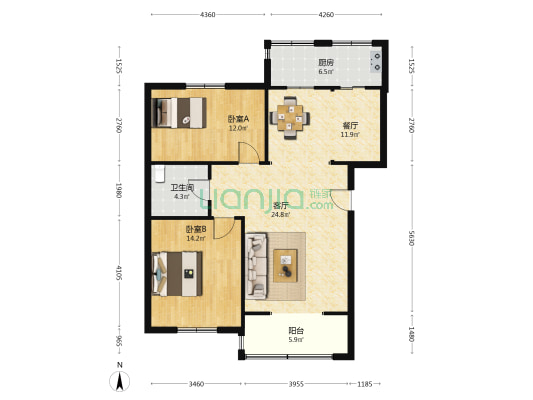 荷月阁北区 2室2厅1卫 98平方