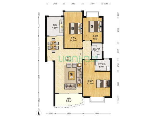 世纪星苑 3室1厅2卫 114平方