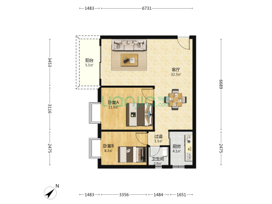 雍华居 2室1厅1卫 80平方