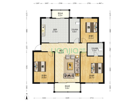 香樟园 3室1厅2卫 133平方