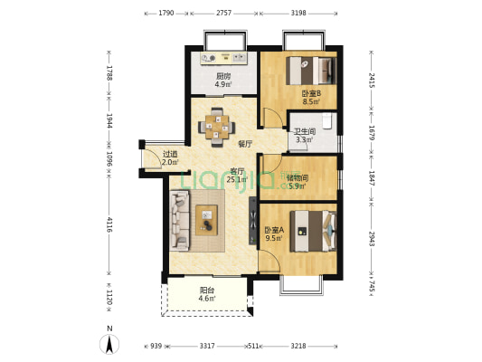 禹洲阳光花城 2室1厅1卫 90平方