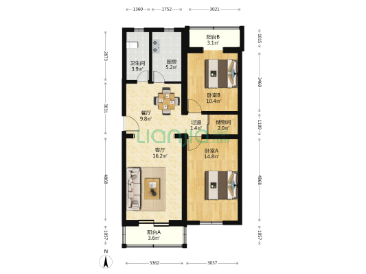 万柳西园 2室2厅1卫 91平方