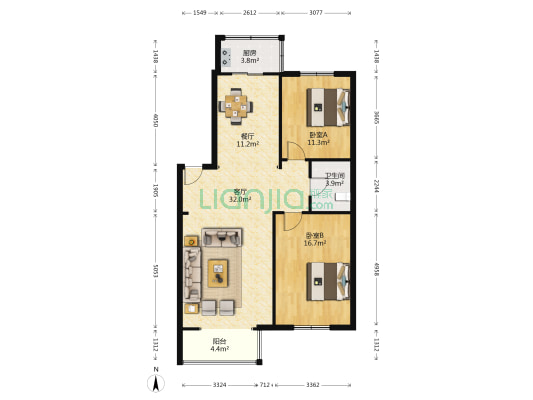 如意名苑 2室2厅1卫 107平方