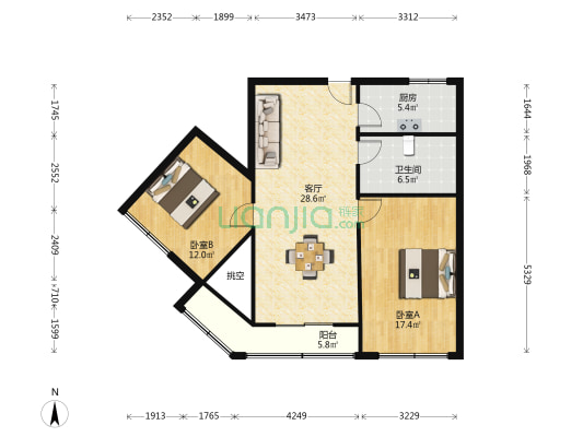 淀兴路734号 2室1厅1卫 91平方