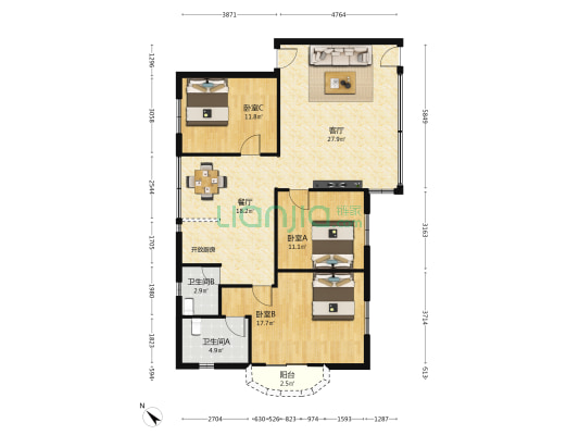 坑口路西华大街 3室2厅2卫 113平方