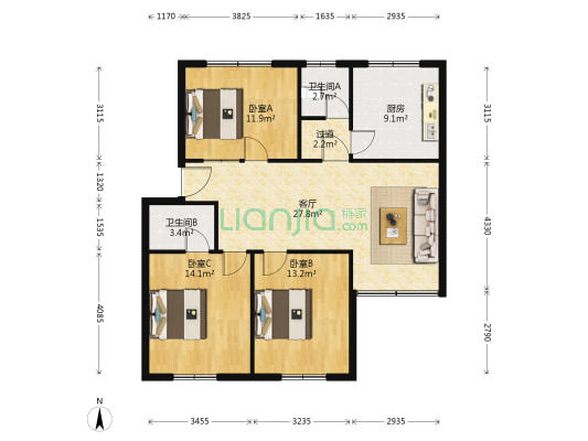 商城花苑 3室1厅2卫 103平方