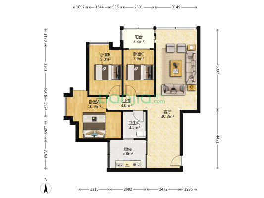 华南理工大学宿舍北区 3室1厅1卫 84平方