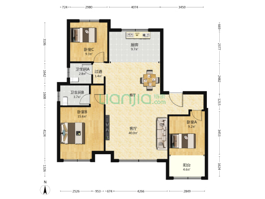 中海观园 3室1厅2卫 129平方