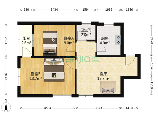 水产局宿舍 2室1厅1卫 65平方