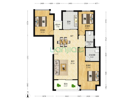 南昌中金国际交易中心 3室1厅2卫 136平方