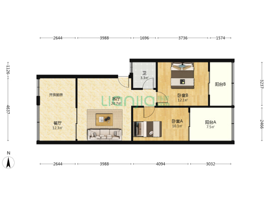 双园巷1号 2室2厅1卫 77平方
