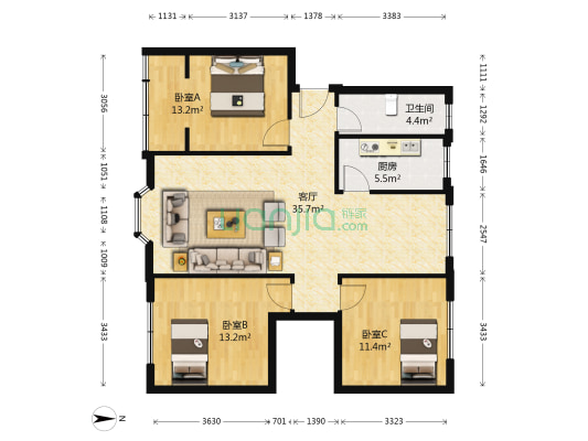 顺河苑 3室1厅1卫 106平方