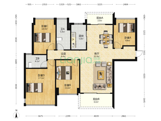 世荣峰景广场 4室1厅2卫 141平方