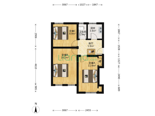 什锦花园胡同 3室1厅1卫 60平方