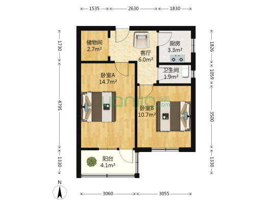 市排水处宿舍 2室1厅1卫 65平方