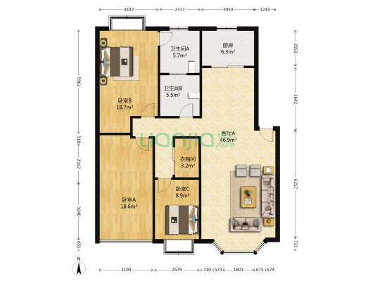 鼎虹嘉苑三期 3室1厅2卫 135平方