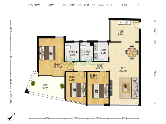 华浩源四期景园 3室1厅2卫 97平方