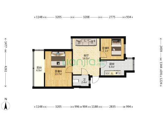 文化路6号院 2室1厅1卫 133平方