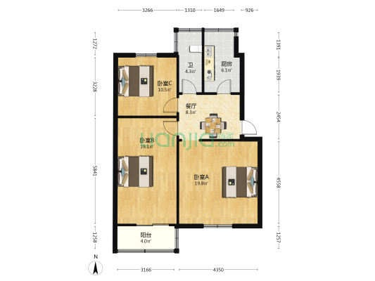 红专路44号院 3室1厅1卫 87平方