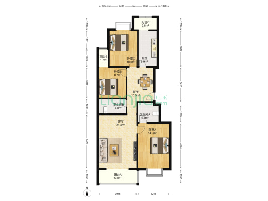 广厦鑫苑 3室2厅2卫 128平方