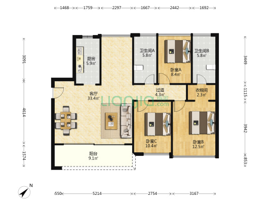 招商仕林臻邸 3室1厅2卫 115平方