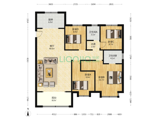 阳光城并州府 4室1厅2卫 150平方
