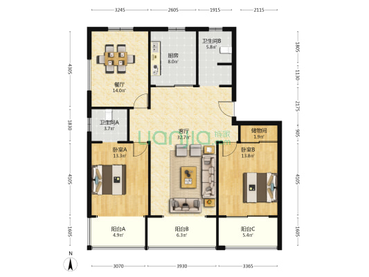 36号大院 2室2厅2卫 119平方