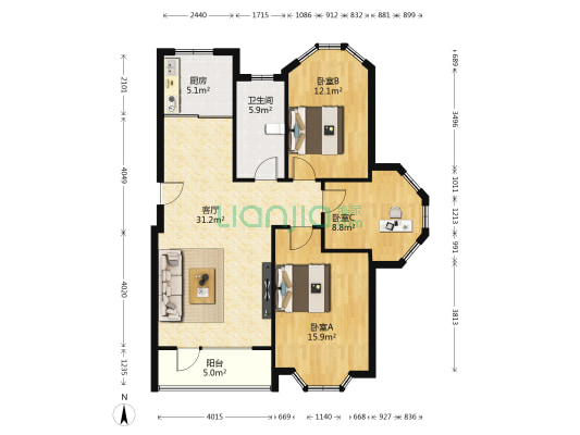 鸿玮澜山一期 3室1厅1卫 100平方