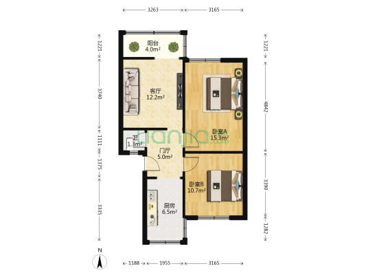 十五中街2号 2室1厅1卫 65平方