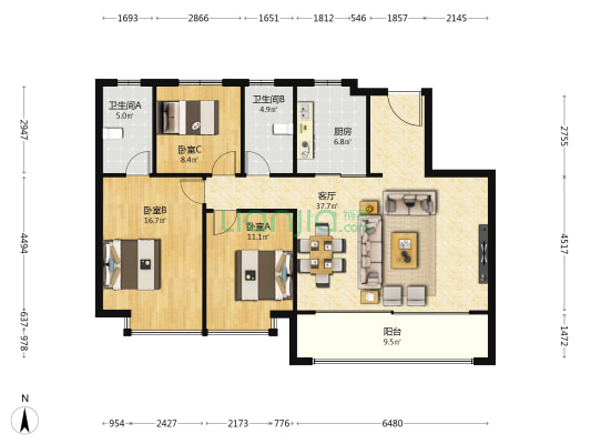 海棠金茂府 3室1厅2卫 142平方